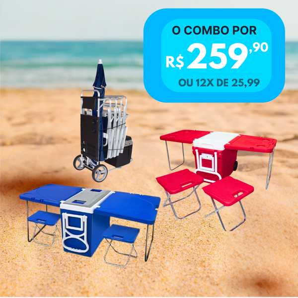 Combo Praia Perfeito: Carrinho de Praia com Avanço em Alumínio + Super Caixa Térmica Cooler Multifuncional