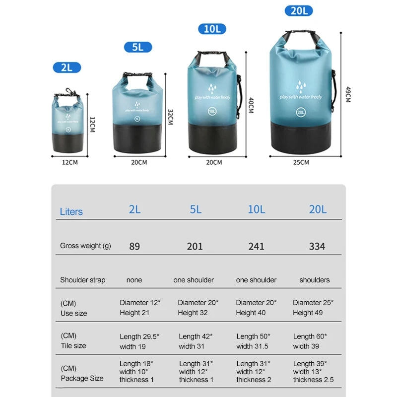 Mochila Saco Estanque à Prova D'Água - PVC 2L/5L/10L/20L para Praia, Mergulho, Canoagem e Aventuras ao Ar Livre