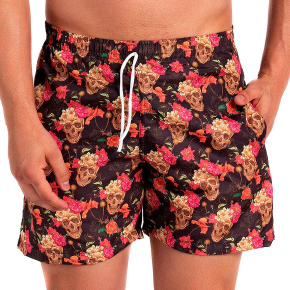 Short Slim Caveira Floral Preto